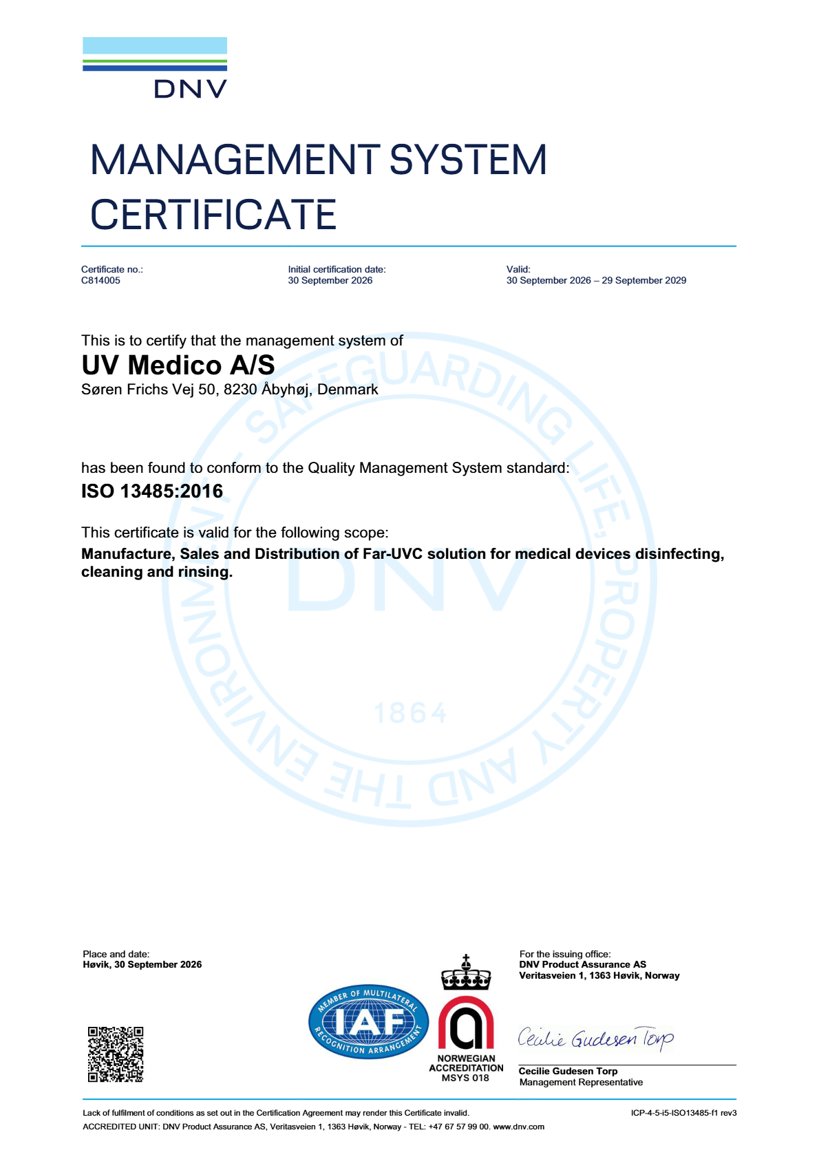 UV Medico A/S ISO 13485:2016 certificate issued by DNV