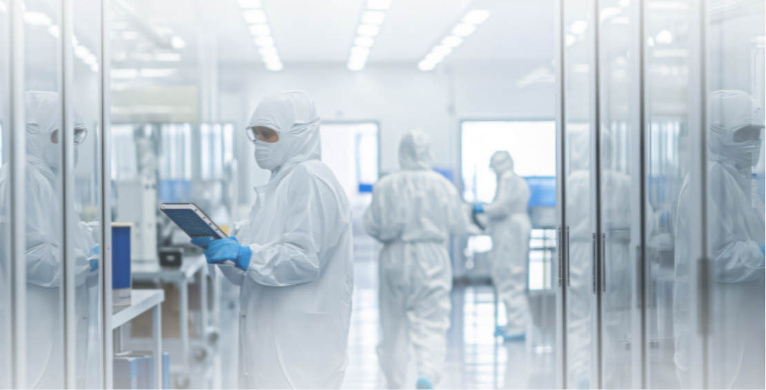Gowned operators working in a cleanroom